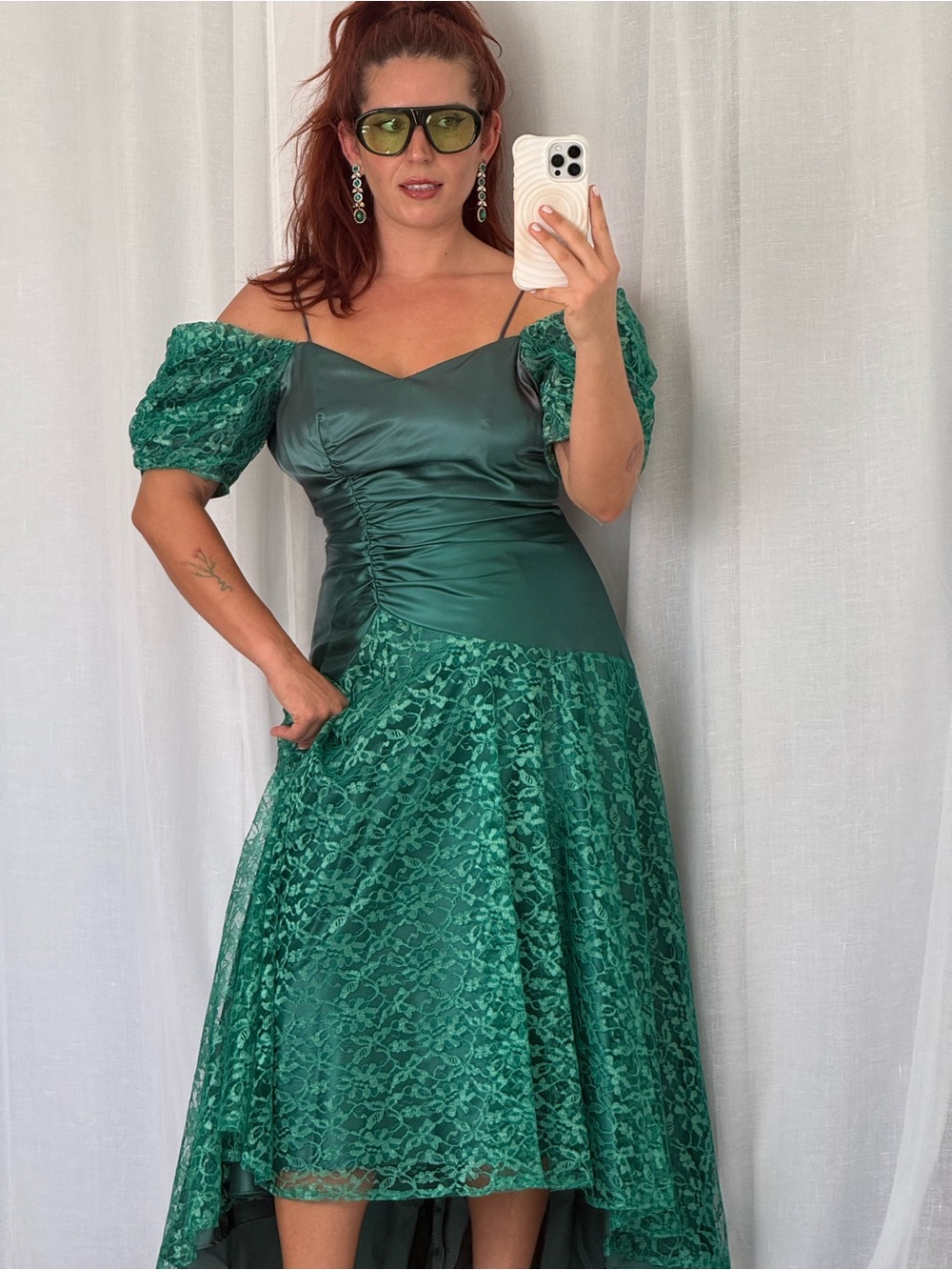 ✧ 80s emerald lace puff sleeve dress ✧